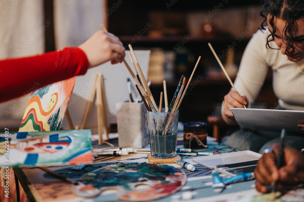 People painting and making art together at a table