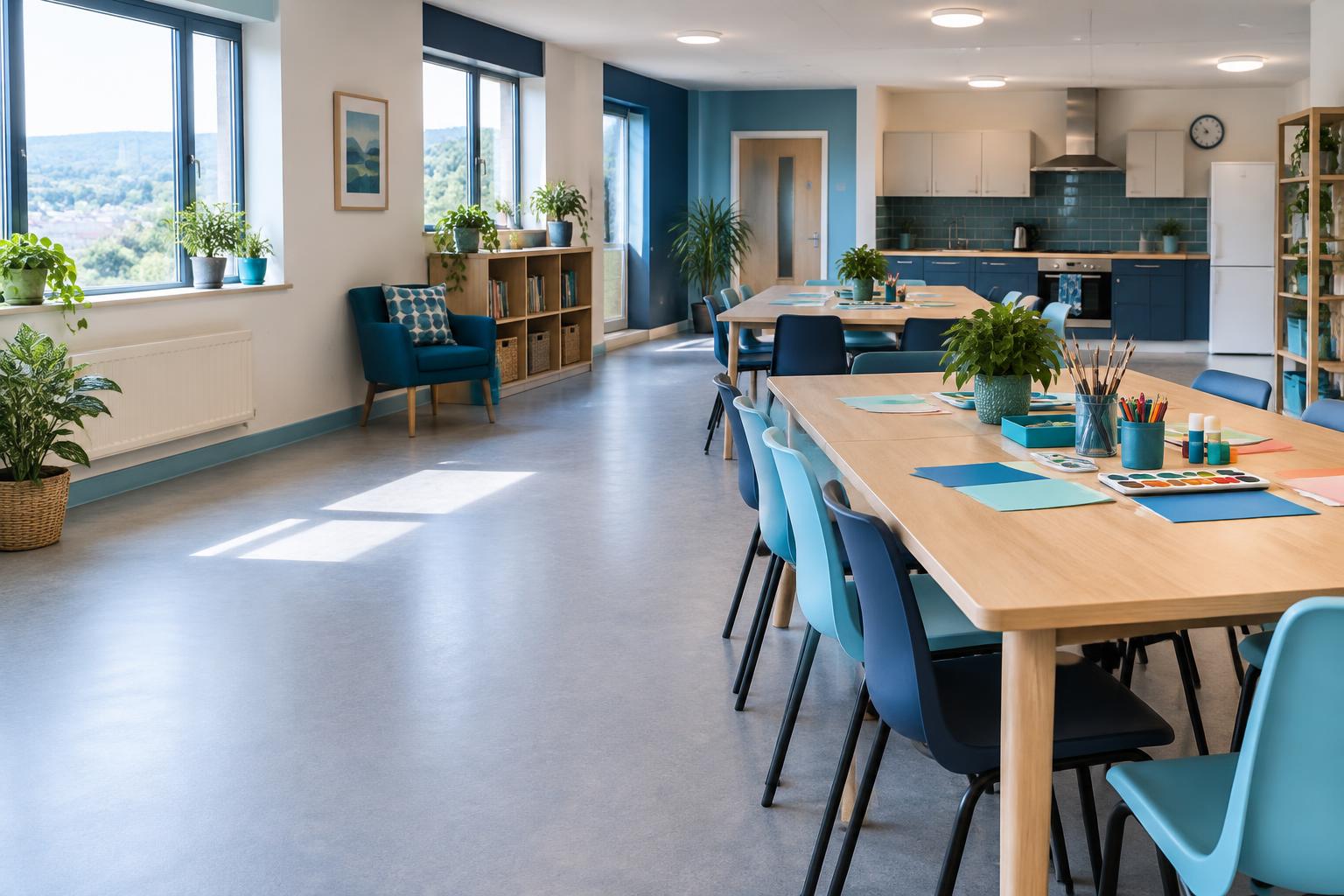 A bright, accessible activity room prepared with art materials